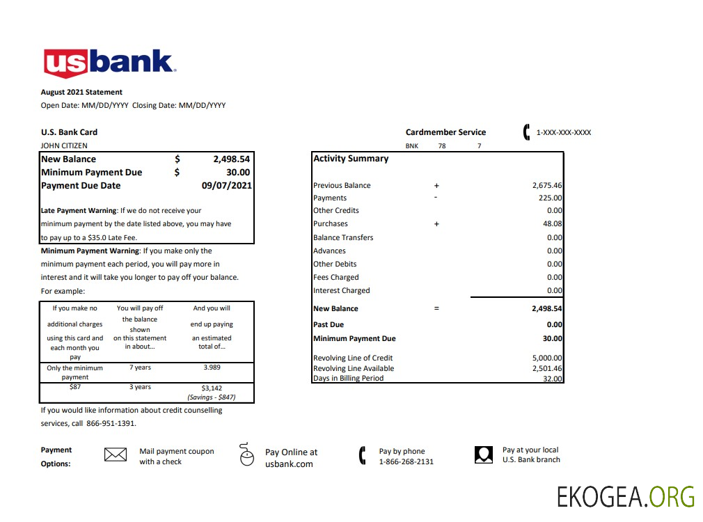 Modèle de relevé de carte de crédit bancaire américain au format de fichier .xls et .pdf